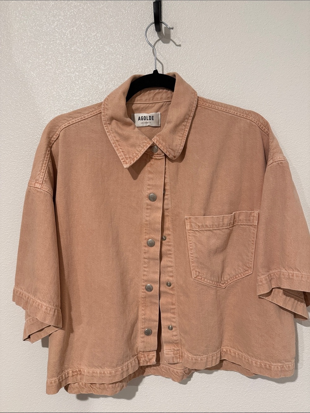 Agolde Salmon Pink Short-Sleeve Button-Front Denim Shirt